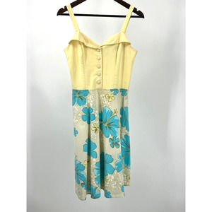 La Jolie Vintage Dress Retro Yellow Blue Floral Sweetheart Tank Women's Size 8
